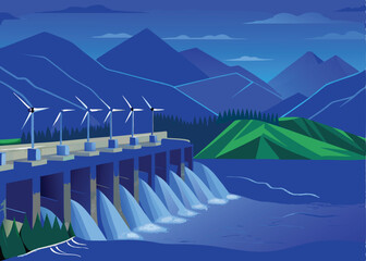 Generate a detailed vector illustration of a bustling hydroelectric dam, showcasing intricate details of turbines, water flow, and surrounding infrastructure.