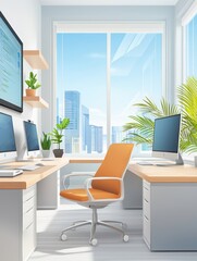 Fototapeta premium Bright and modern office space with computer desks and a scenic city view.
