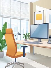 Fototapeta premium Modern office workspace with an orange chair, computer, and plants in a bright setting.