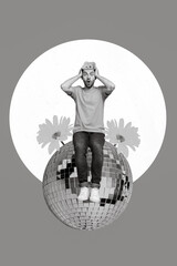 Photo sketch collage graphics artwork picture of excited guy flowers growing brains head sitting disco ball isolated drawing background