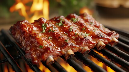 A mouthwatering batch of glazed ribs being perfectly grilled, showcasing outdoor cooking at its finest with a focus on delicious and smoky flavors.