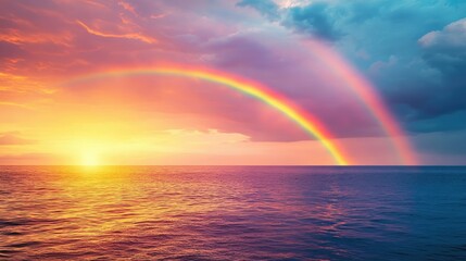 A vibrant rainbow emerges from the horizon of the ocean, blending with the vivid orange and purple hues of a setting sun