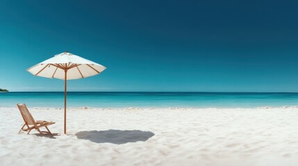 An aesthetic scene featuring a solitary beach umbrella standing tall on white sands, casting a distinct shadow in the midday sun, with azure sea in the distance.