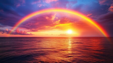 A vibrant rainbow emerges from the horizon of the ocean, blending with the vivid orange and purple hues of a setting sun