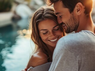 Fototapeta premium Couple embracing at pool edge during sunset with happy expressions.