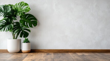 A large Monstera plant in a white pot is accompanied by a small succulent plant, both placed on a wooden floor creating a dynamic green interior setting.