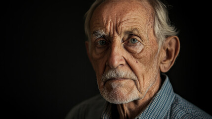 Fototapeta premium thoughtful elderly man with deep set eyes and gray hair gazes intently, reflecting wisdom and experience. His expression conveys sense of resilience and history