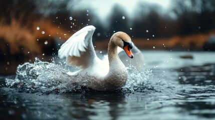 Fototapeta premium A graceful white swan energetically splashes in clear water, showcasing elegance and vitality, surrounded by the serene beauty of nature on a calm day.