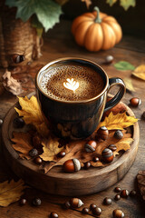 Cozy autumn coffee scene with leaves and acorns.
