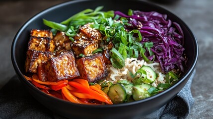 Fototapeta premium A vibrant stir-fry featuring crispy air-fried tofu and colorful vegetables, served in a black wok