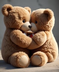 Two plush teddy bears embrace, heart between them ,  whimsical,  charming,  cuddly