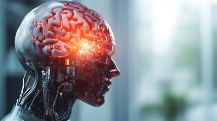 A striking image of a human head integrated with circuitry and a glowing brain, illustrating the intersection of human physiology and advanced digital technologies.