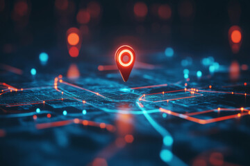 Digital hand set location on map with two pins. AI technology in GPs, innovation delivery, map location, future transport logistic, route path concept. GPs point. New office location, change address 