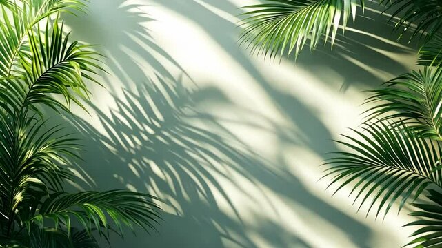 Abstract Lush palm leaves bathed in sunlight, creating a serene tropical scene with beautiful shadows against a plain wall, ideal for summer or nature inspired designs