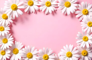 Obraz premium Frame made from daisies on pastel pink background. Copy space.
