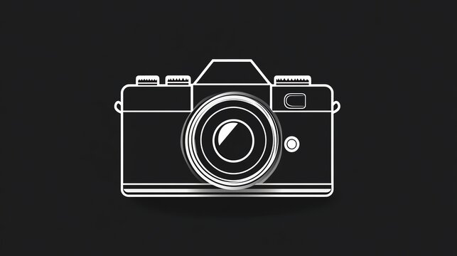 recommend clip art: White line art photo camera on a black background. Minimalist photography logo.