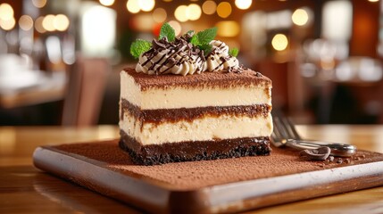 Delicious chocolate layered dessert with cream and mint on wooden table in restaurant