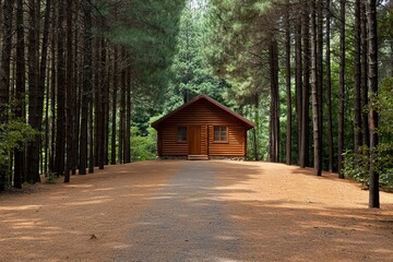 Cozy log cabin surrounded by tall pine trees on a tranquil forest path.