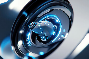 Abstract metallic futuristic machine with glowing blue lights, intricate details and a sleek design.