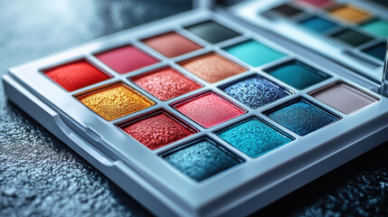 Naklejka premium Vibrant makeup palette featuring variety of colorful eyeshadows in red, blue, and gold shades, perfect for creative looks and artistic expression