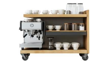 A Vibrant and Modern Coffee Cart Featuring an Espresso Machine, Perfect for Events, Markets, and Coffee Shops Seeking a Stylish Touch.