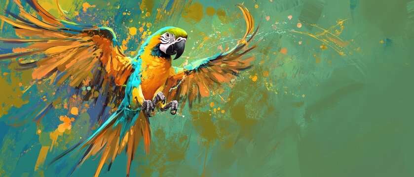 Vibrant Macaw Parrot Flying in Colorful Abstract Background | Tropical Bird Art for Nature and Wildlife Themes