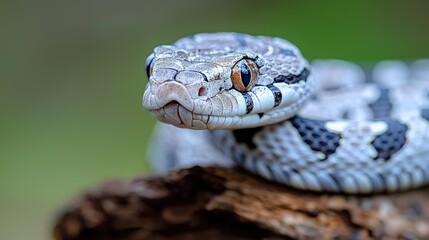 Obraz premium Close-up of a gray and black snake's head on wood.