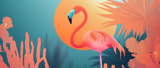 Naklejka premium Vibrant Pink Flamingo in Tropical Paradise with Lush Foliage and Sunset - Colorful Digital Art for Nature and Wildlife Themes