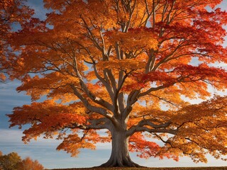 Photograph of an isolated autumn tree with blue sky background 