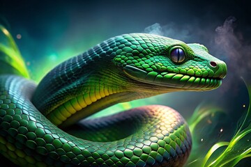 Fototapeta premium Futuristic Neon Green Snake 3D Render, Dark Misty Atmosphere, Sci-Fi Reptile, Metallic Scales, Swirling Patterns, Digital Art