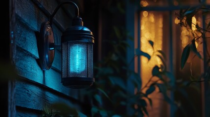 Illuminating bug zapper lamp with blue glow on porch outdoor decor evening ambiance serenity close-up technology