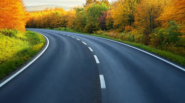 An empty highway cutting Road through a vibrant autumn forest with colorful leaves travel