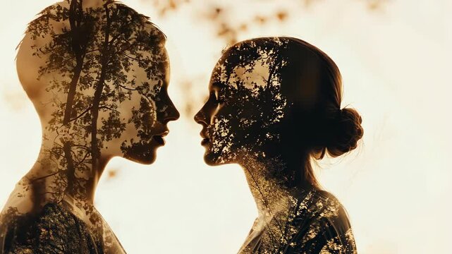 Double exposure valentine portrait of a couple man and woman in love, merging with the trees and nature, suggesting connection and harmony.