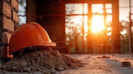 A sturdy orange hard hat lies on the ground at a construction site during sunset, symbolizing hard work and dedication, framed by an industrial backdrop for contrast.