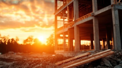 The framework of a building glows in the hues of sunset, showcasing the beauty of architectural progress blending with nature in a growing urban setting.