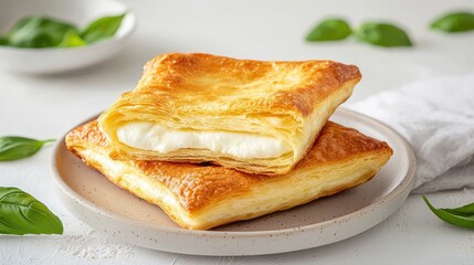 Freshly Baked Puff Pastry with Cream Filling on Neutral Background with Green Leaves
