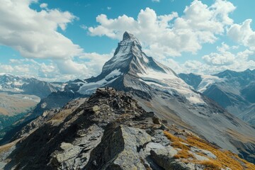 Majestic snowy mountain range with a famous peak in the distance.