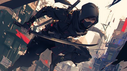 Urban ninja character in an anime style, moving through a bustling cityscape with sleek action poses
