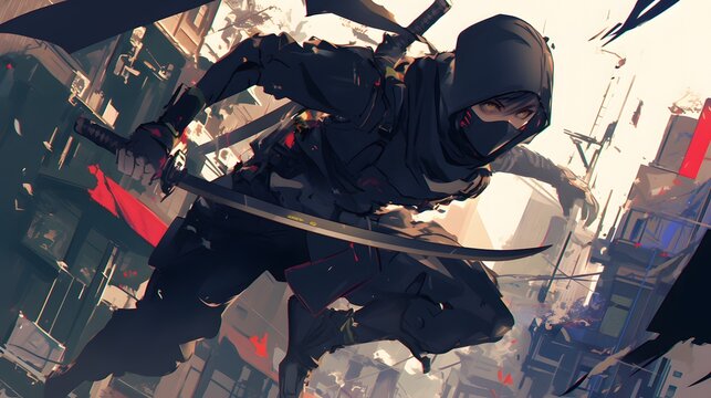Urban ninja character in an anime style, moving through a bustling cityscape with sleek action poses