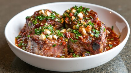 Fototapeta premium Savory Grilled Meat with Garlic, Herbs, and Spicy Sauce in a White Bowl