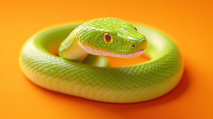 Fototapeta premium vibrant green snake gracefully coiled on bright orange background, showcasing its striking scales and vivid colors. This captivating image highlights beauty of nature
