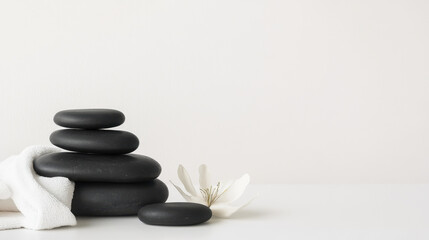 Obraz premium Relaxing black stones stacked with white towel and flower, perfect for spa and wellness settings. Ideal for massage therapy and relaxation