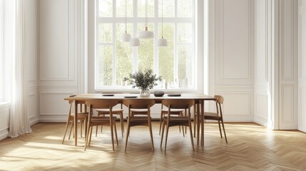 Bright dining area with light oak parquet floors, mid-century modern furniture, and a centerpiece on a sleek table