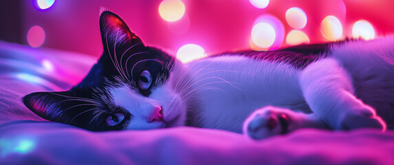Dreamy Black And White Cat Relaxing With Bokeh Neon Lights In Pink And Purple