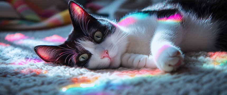 Black And White Cat Relaxing On A Colorful Rug With Rainbow Light Reflections