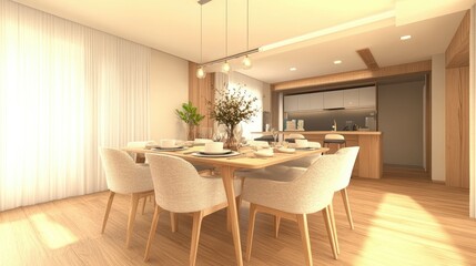 Fototapeta premium Bright dining area with light oak parquet floors, mid-century modern furniture, and a centerpiece on a sleek table
