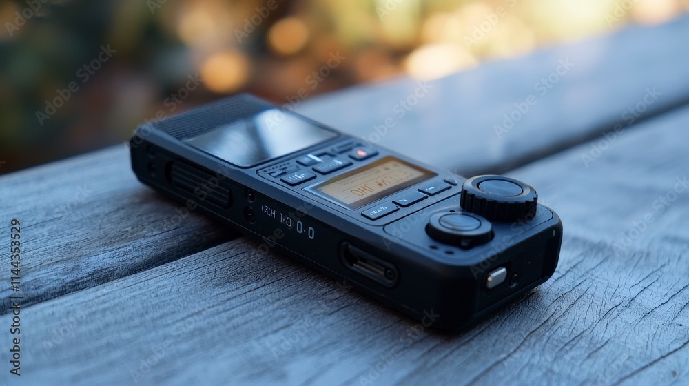 Poster Field recording action with compact sound recorder outdoor nature portable device close-up view audio capture concept