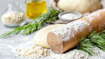 Fototapeta premium Wooden rolling pin dusted with flour on a kitchen counter next to raw dough, fresh rosemary, and olive oil.