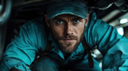 A determined mechanic peers closely at a machinery component, showcasing his steadfast attention and expertise in handling sophisticated and complex machine parts.