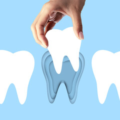 Poster. Contemporary art collage. Hand lifting tooth, Highlighting extraction and replacement services. Dental veneers. Concept of health insurance, dentist, medicine. Ad